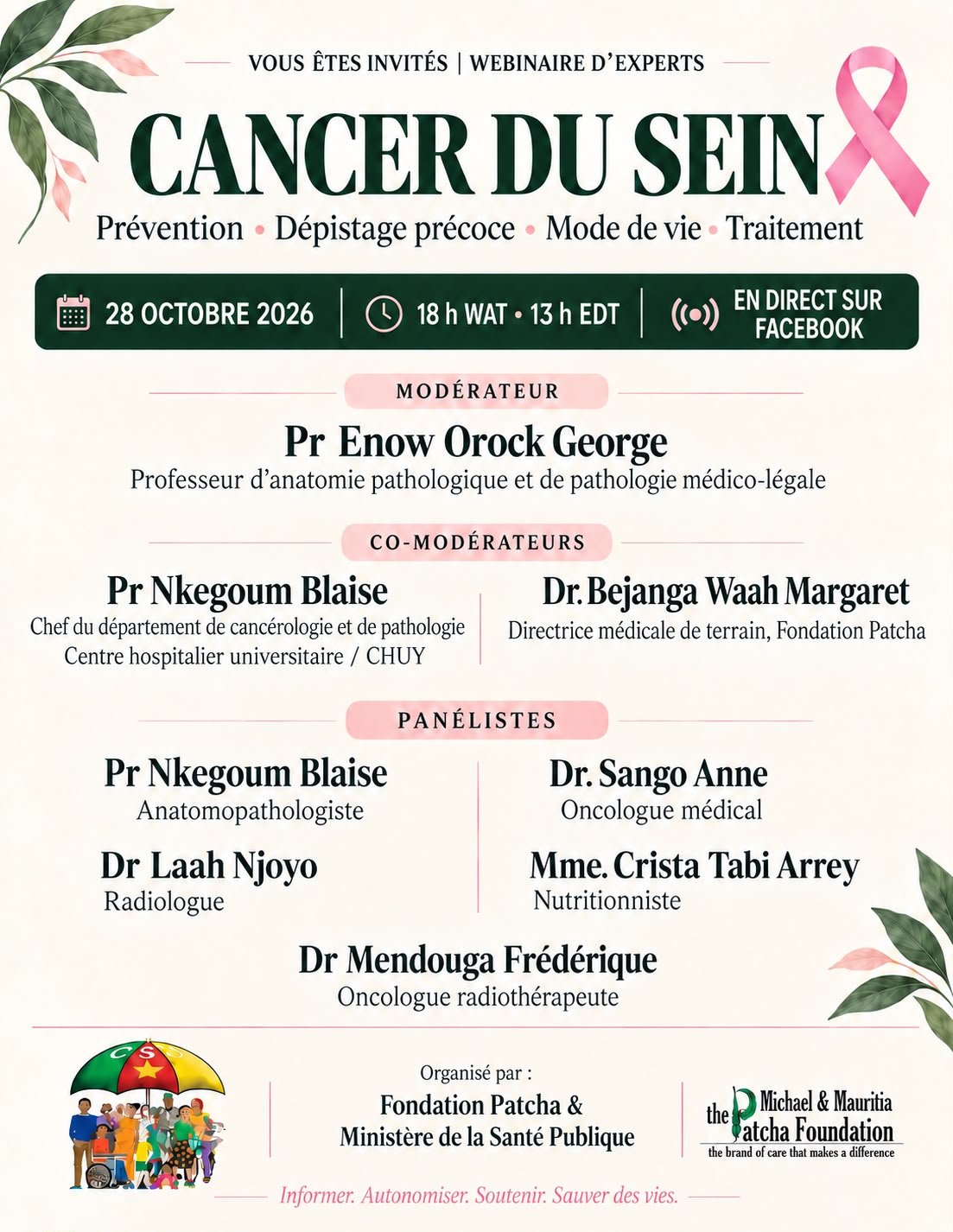 L'affiche en français du webinaire sur le cancer du sein, avec les intervenants cités ci-dessus