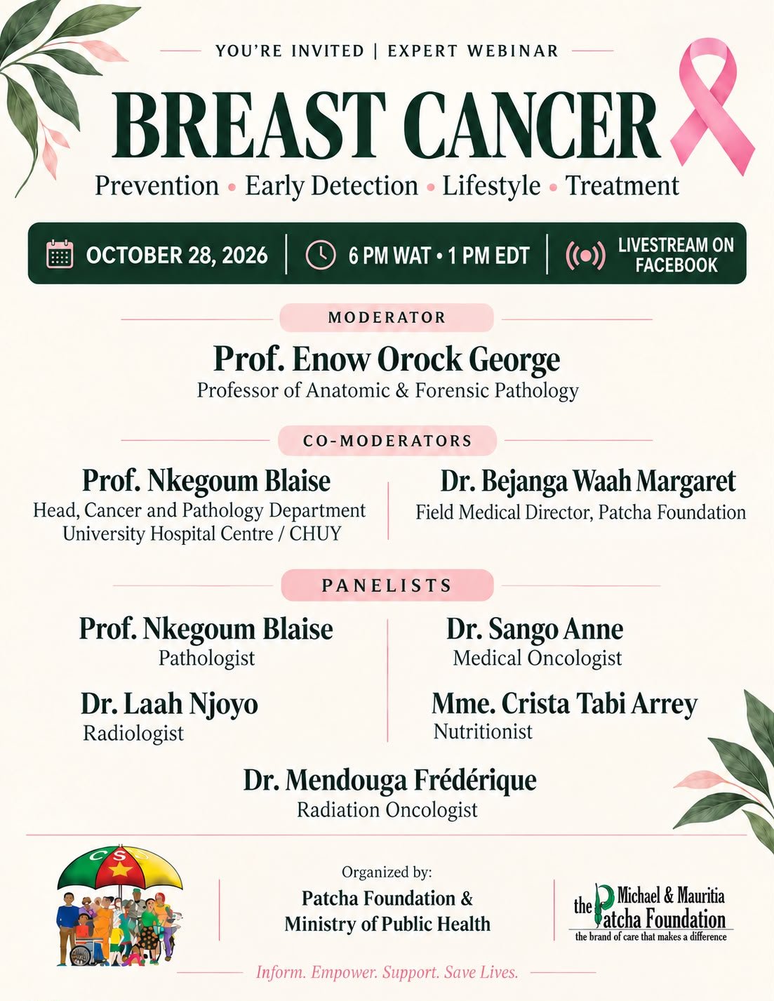 The full English flyer for the breast cancer webinar, with the speakers listed above